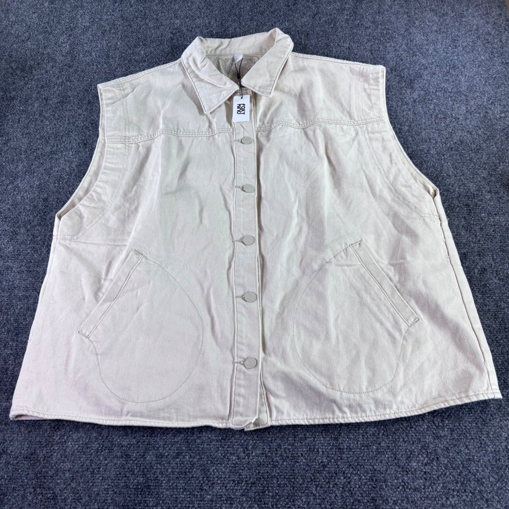Foxy Kind Denim Vest Mens Large Cream Cotton Utility Button Front New With Tags